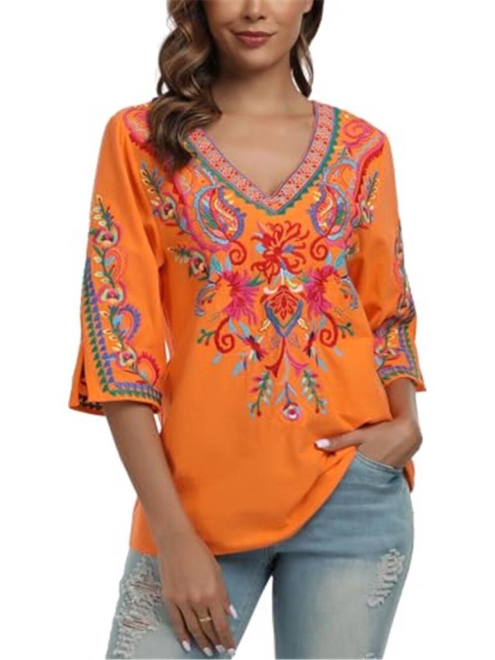 Womens Mexican Embroidered Blouse Cotton Peasant Top Boho Fiesta V Neck Shirt
